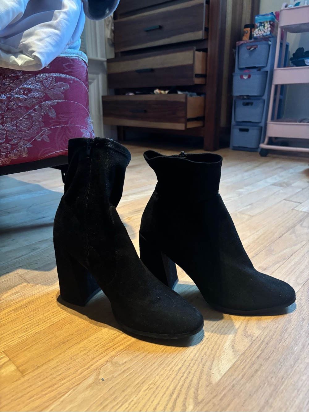 Black Suede Block Heel Ankle Boots - Women's